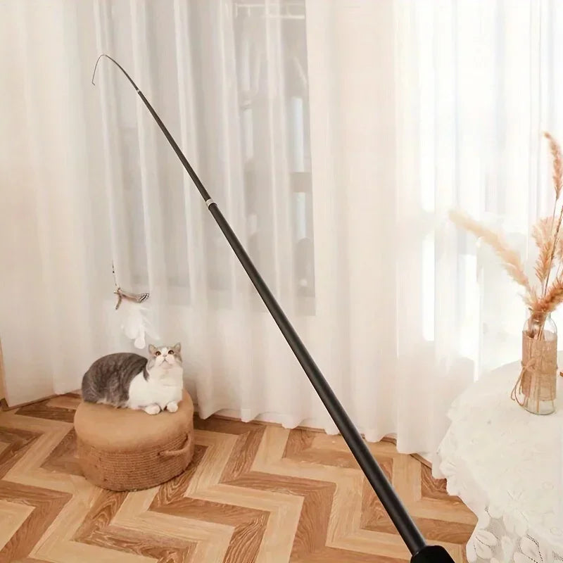 Extendable Cartoon Cat Wand Toy with Feather Attachment