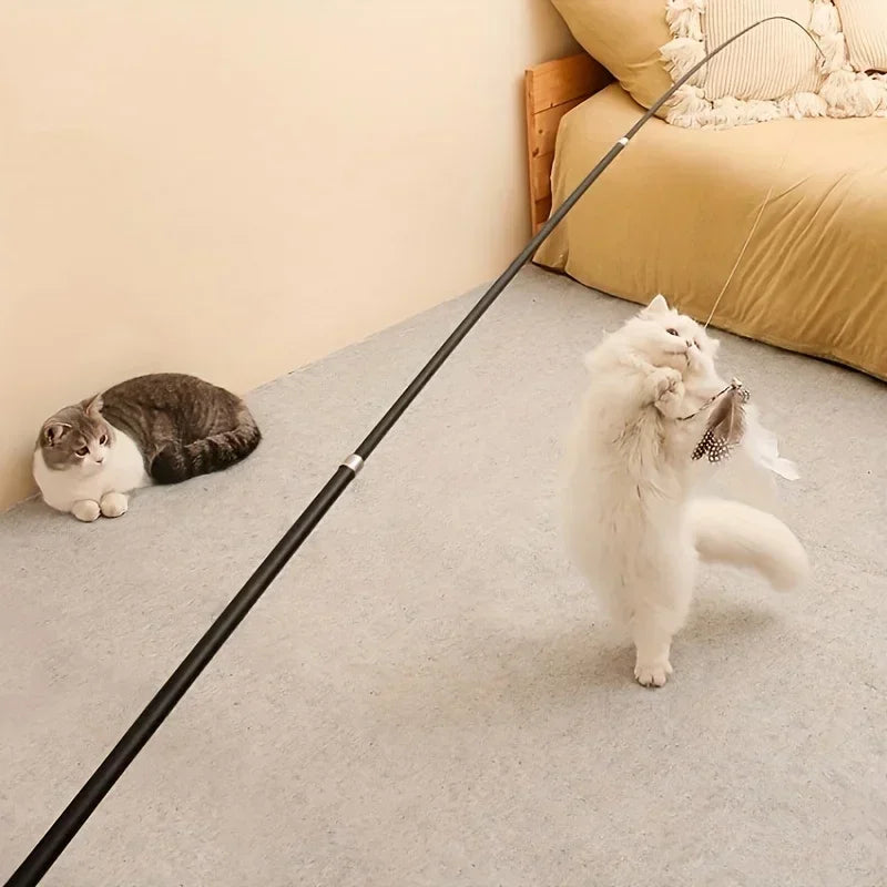 Extendable Cartoon Cat Wand Toy with Feather Attachment